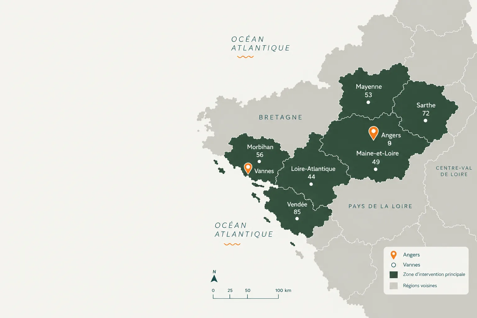 Carte de présence d’ABCD Ingénierie à Angers et dans la région de Vannes et la presqu’île de Rhuys